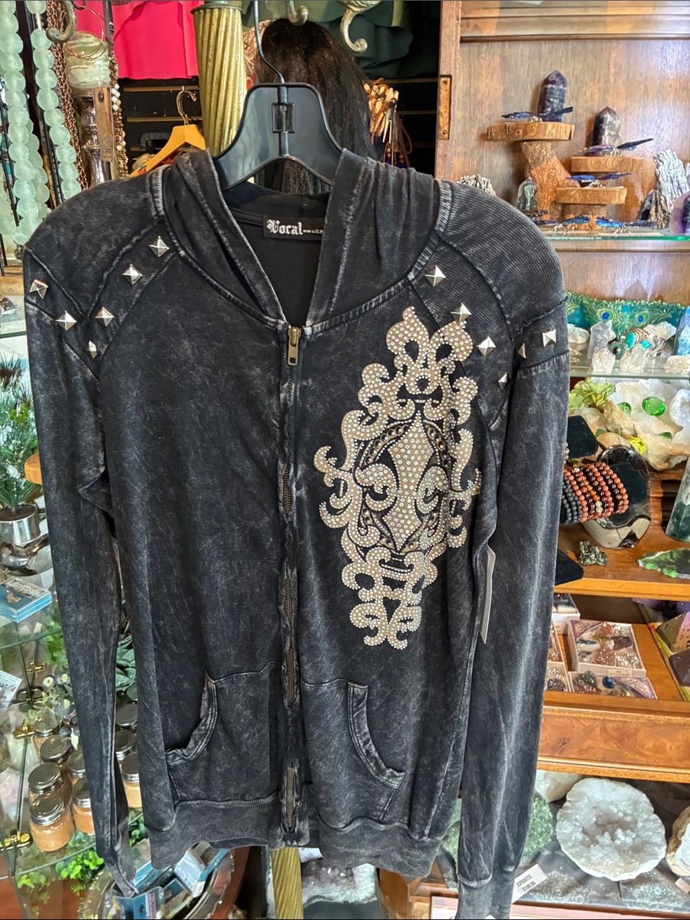 Vocal Black Washed Rhinestone & Stud Zip Hoodie